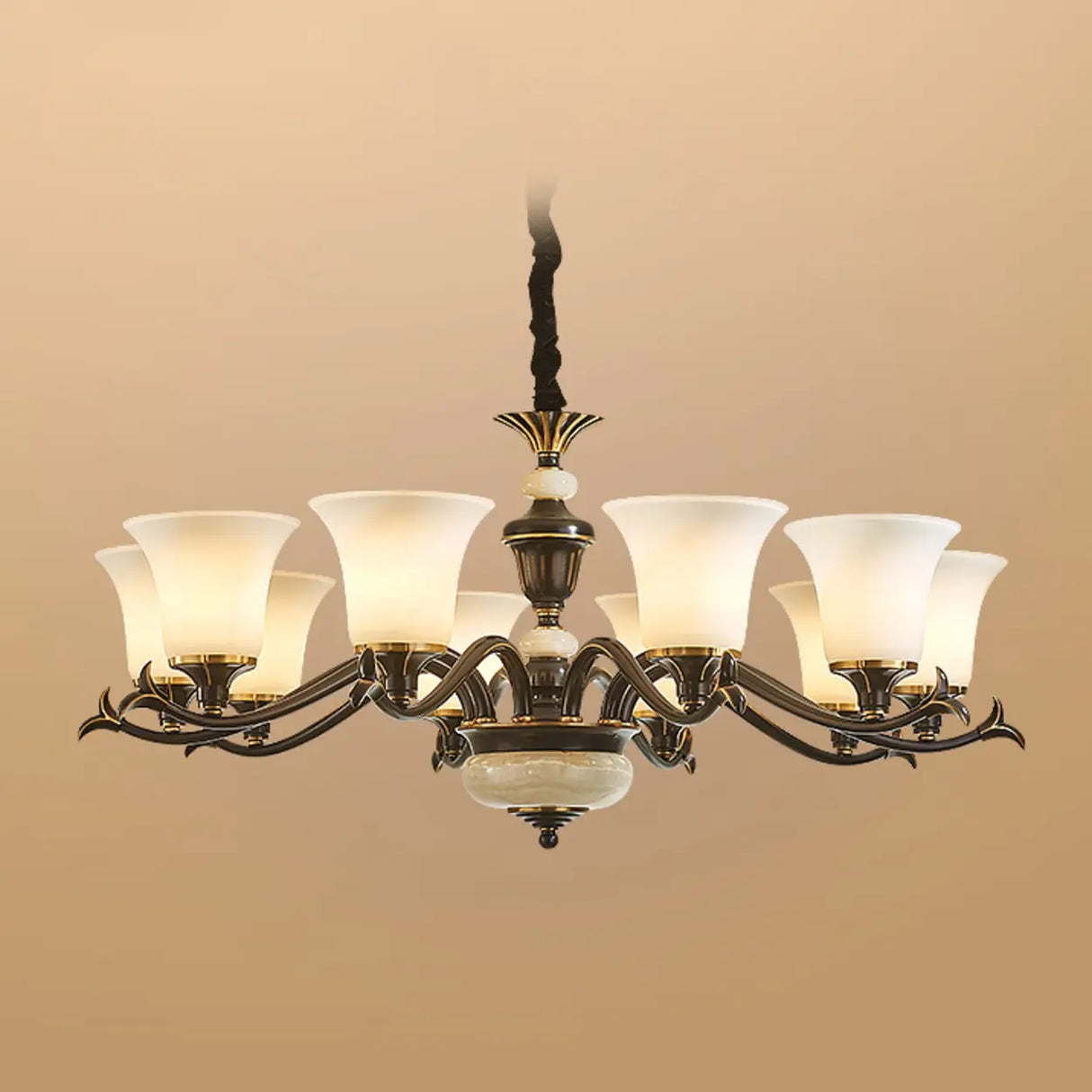Traditional Bell Frosted Glass Chandelier Black Large Image - 13