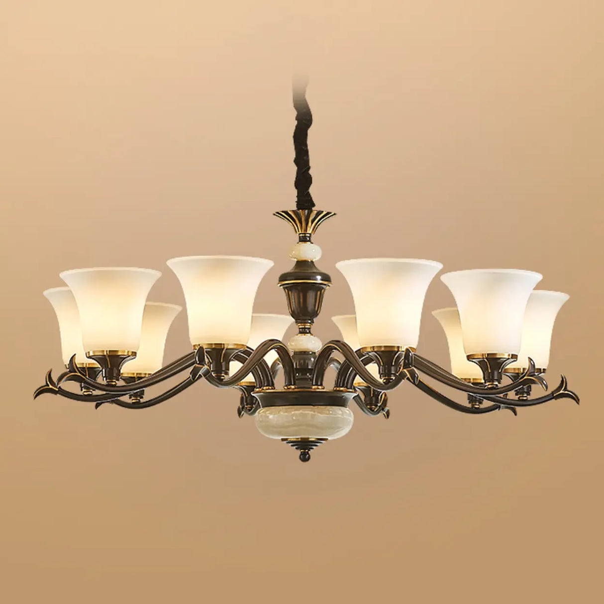 Traditional Bell Frosted Glass Chandelier Black Large Image - 14