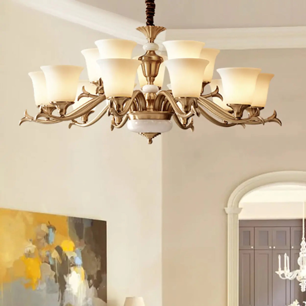 Traditional Bell Frosted Glass Chandelier Black Large Image - 23