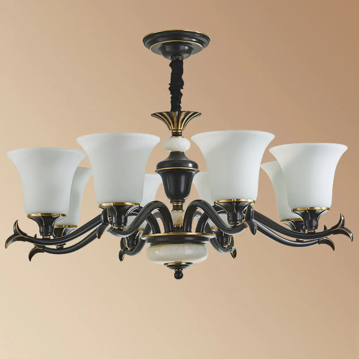 Traditional Bell Frosted Glass Chandelier Black Large Image - 9