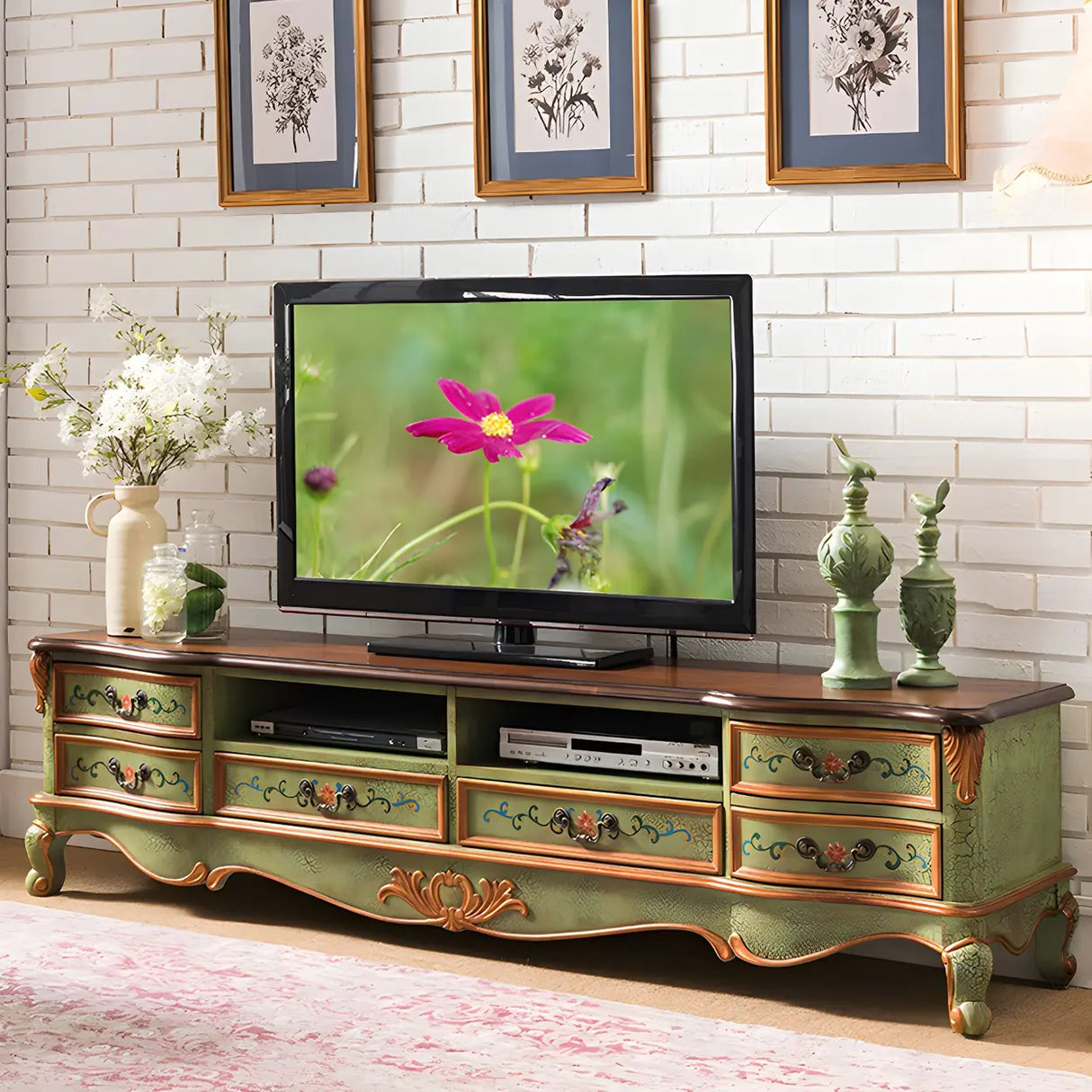 Traditional Birch Wood Open Storage Drawers TV Stand Image - 10