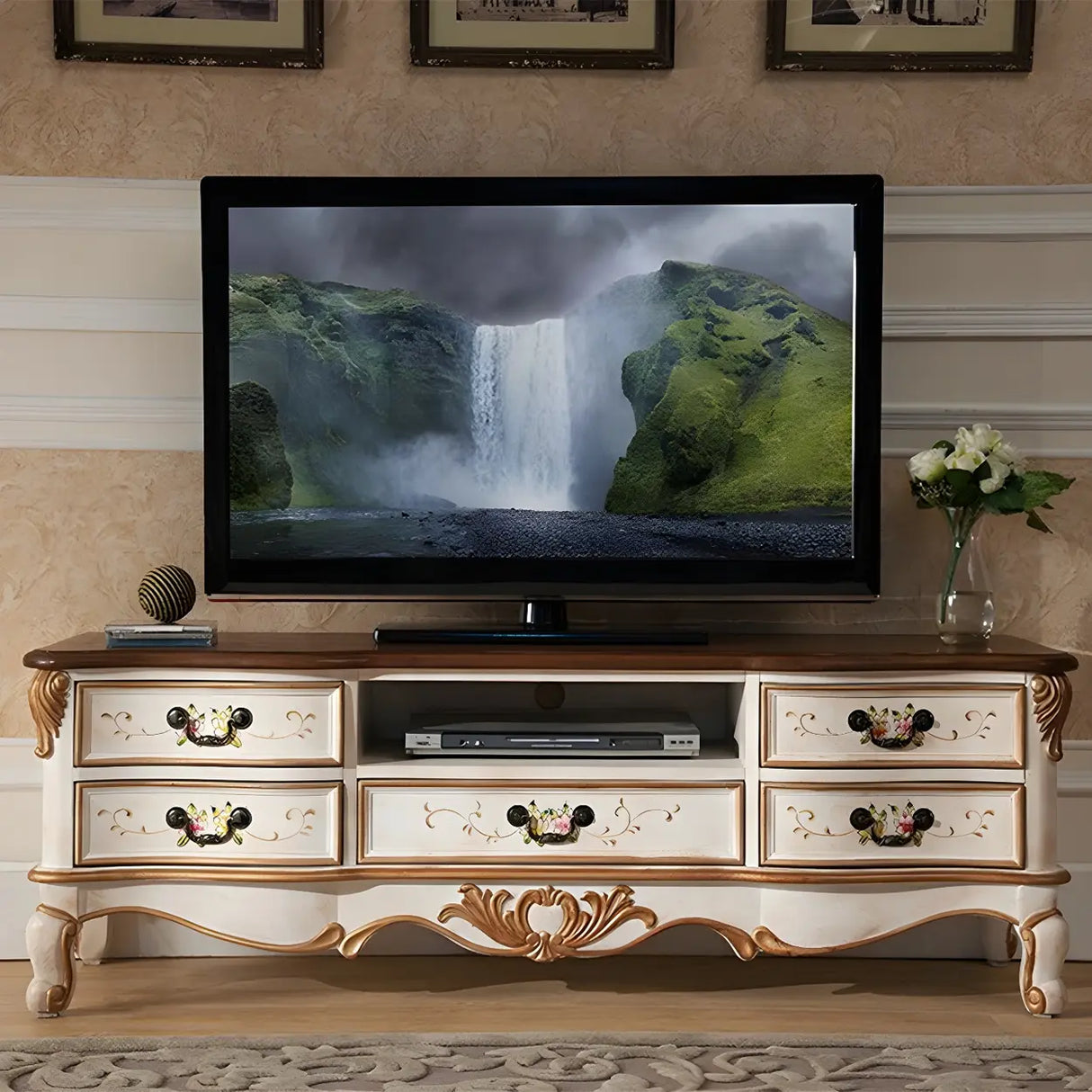 Traditional Birch Wood Open Storage Drawers TV Stand Image - 1