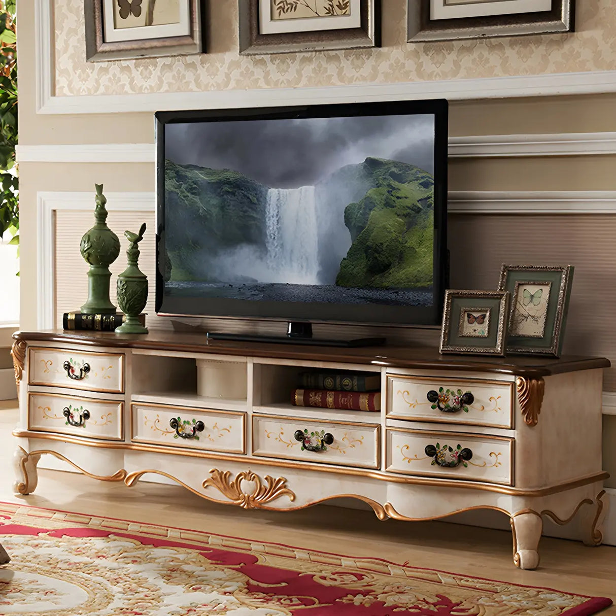 Traditional Birch Wood Open Storage Drawers TV Stand Image - 2