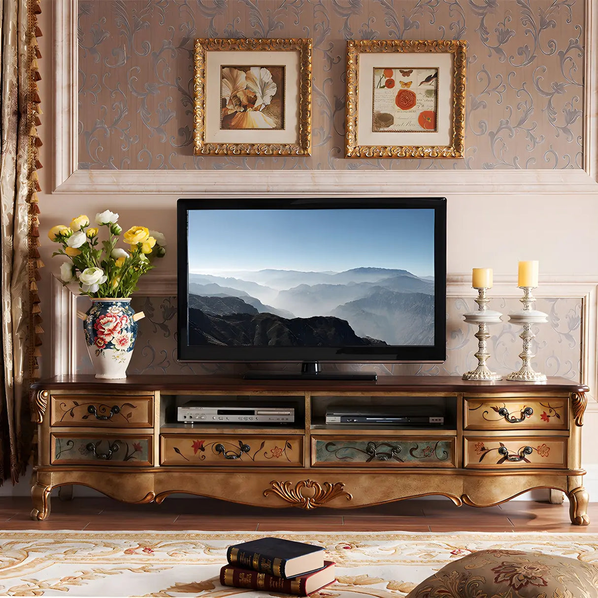 Traditional Birch Wood Open Storage Drawers TV Stand Image - 3