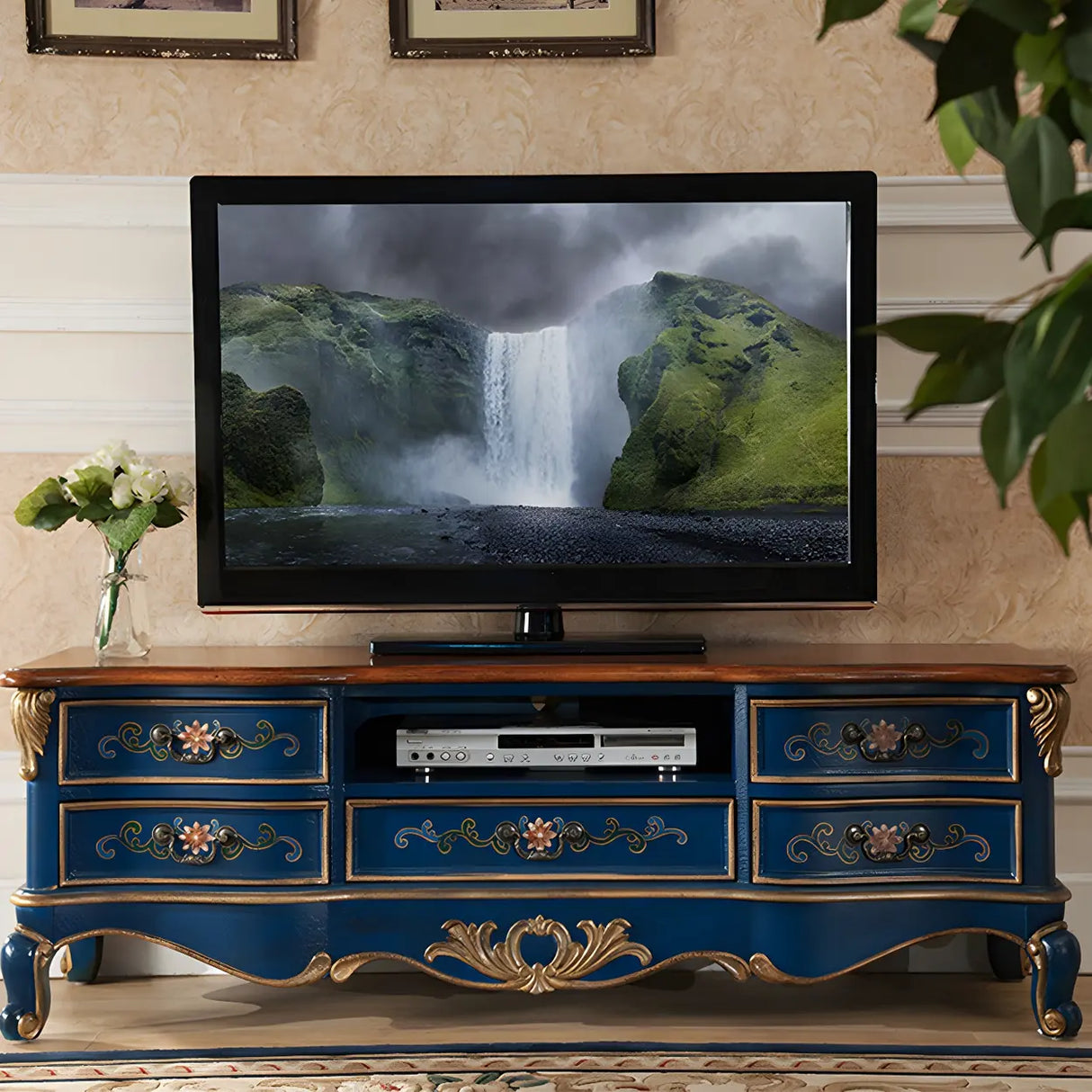 Traditional Birch Wood Open Storage Drawers TV Stand Image - 4