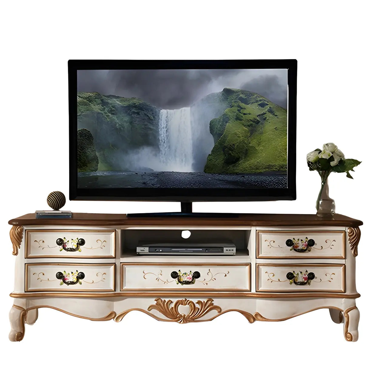 Traditional Birch Wood Open Storage Drawers TV Stand Image - 5