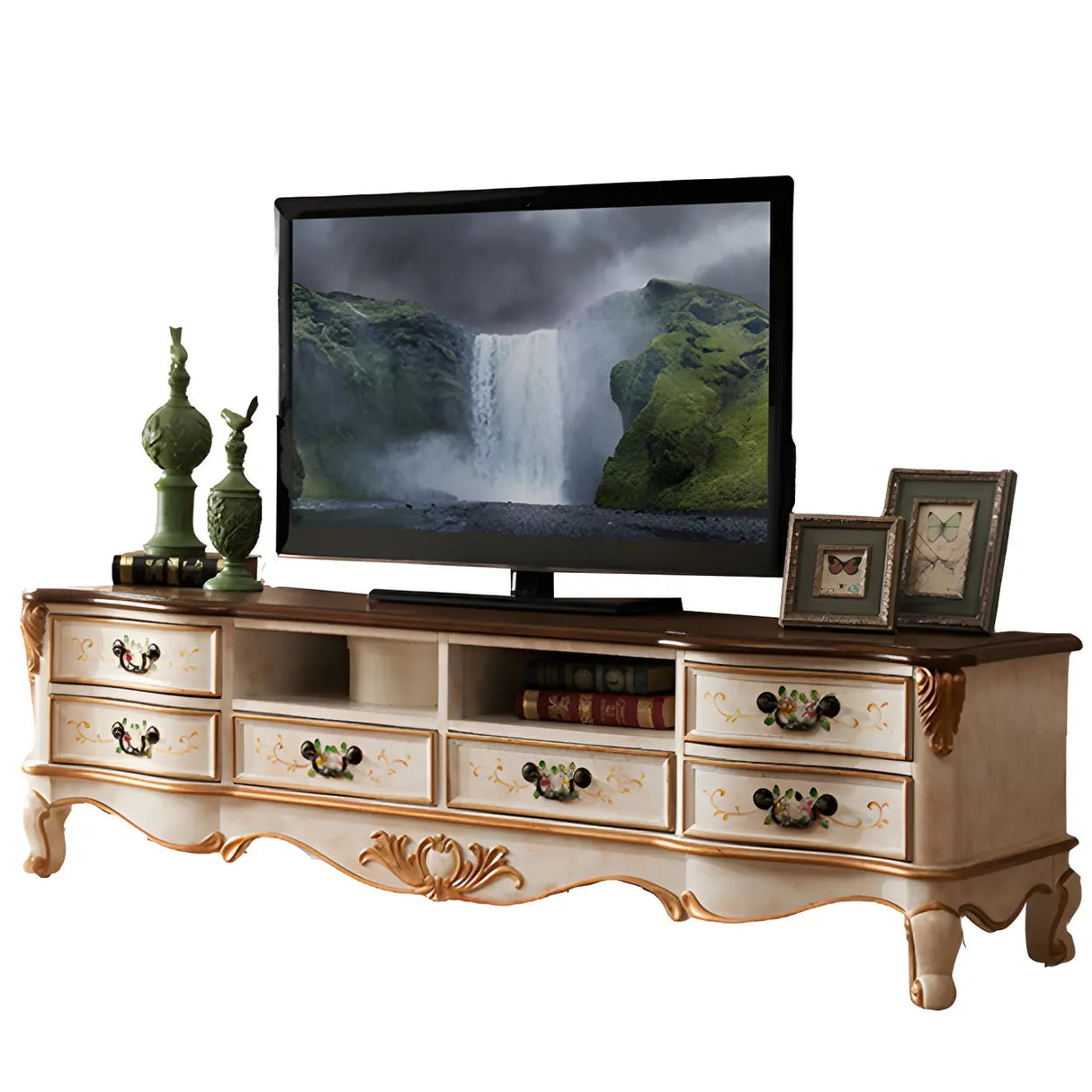 Traditional Birch Wood Open Storage Drawers TV Stand Image - 6