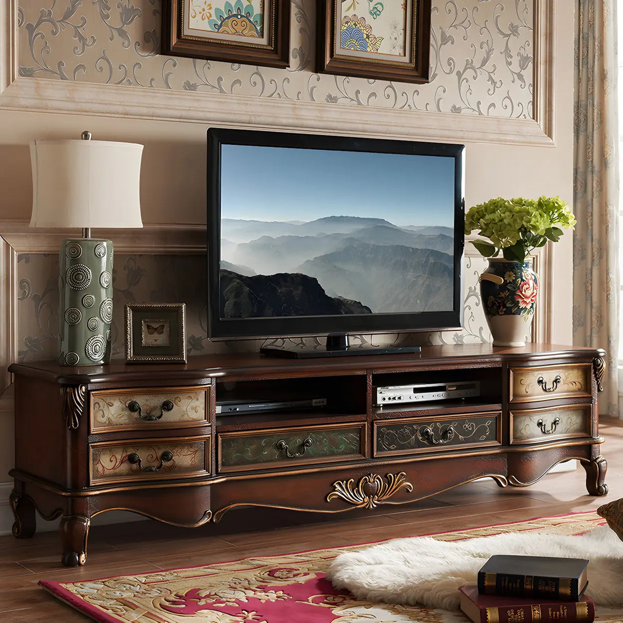 Traditional Birch Wood Open Storage Drawers TV Stand Image - 7