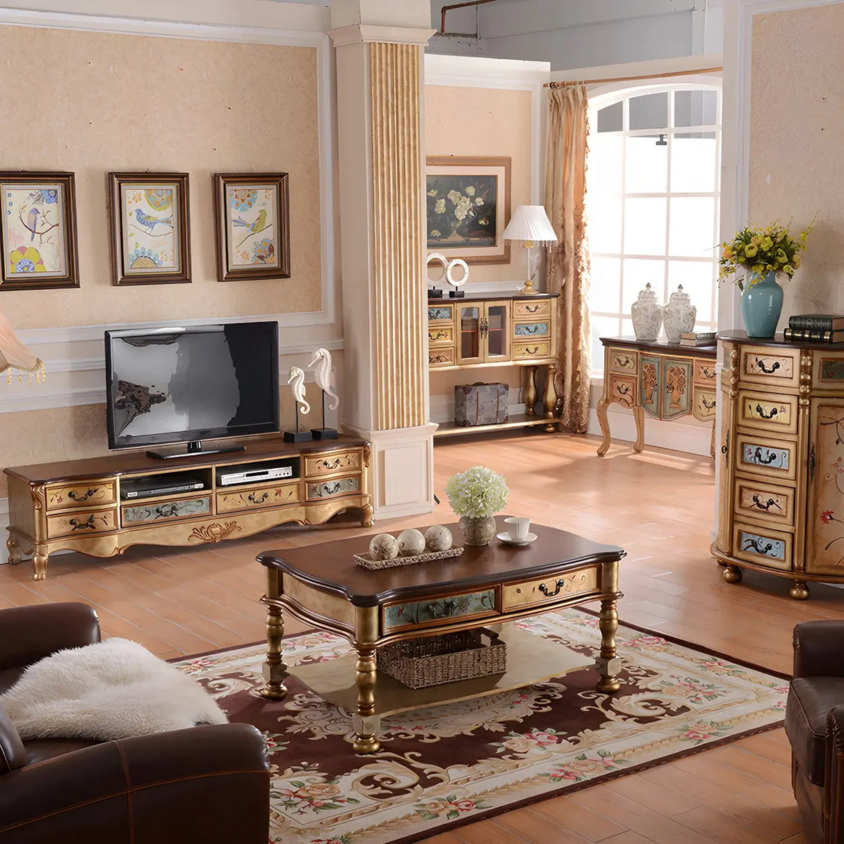 Traditional Birch Wood Open Storage Drawers TV Stand Image - 8