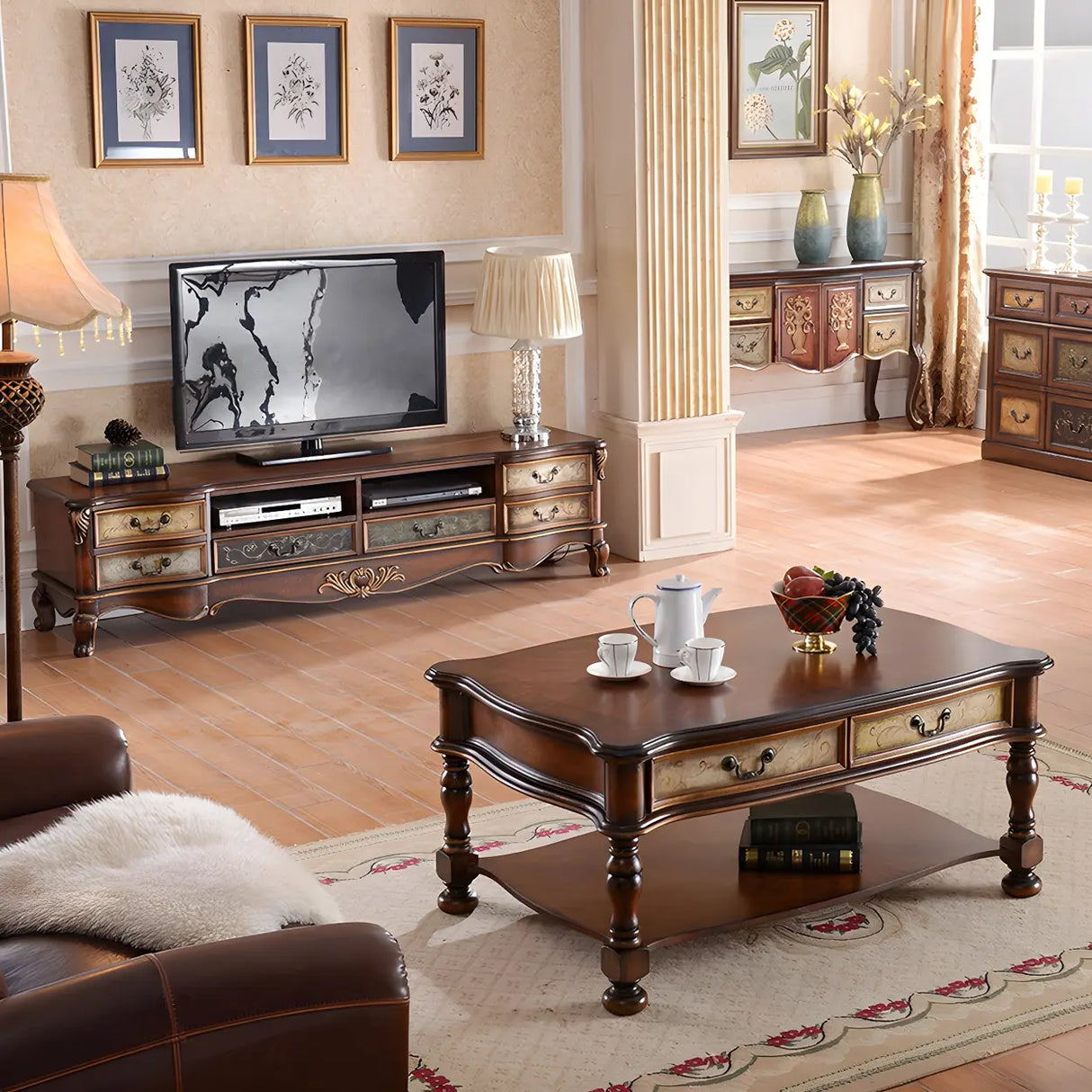 Traditional Birch Wood Open Storage Drawers TV Stand Image - 9