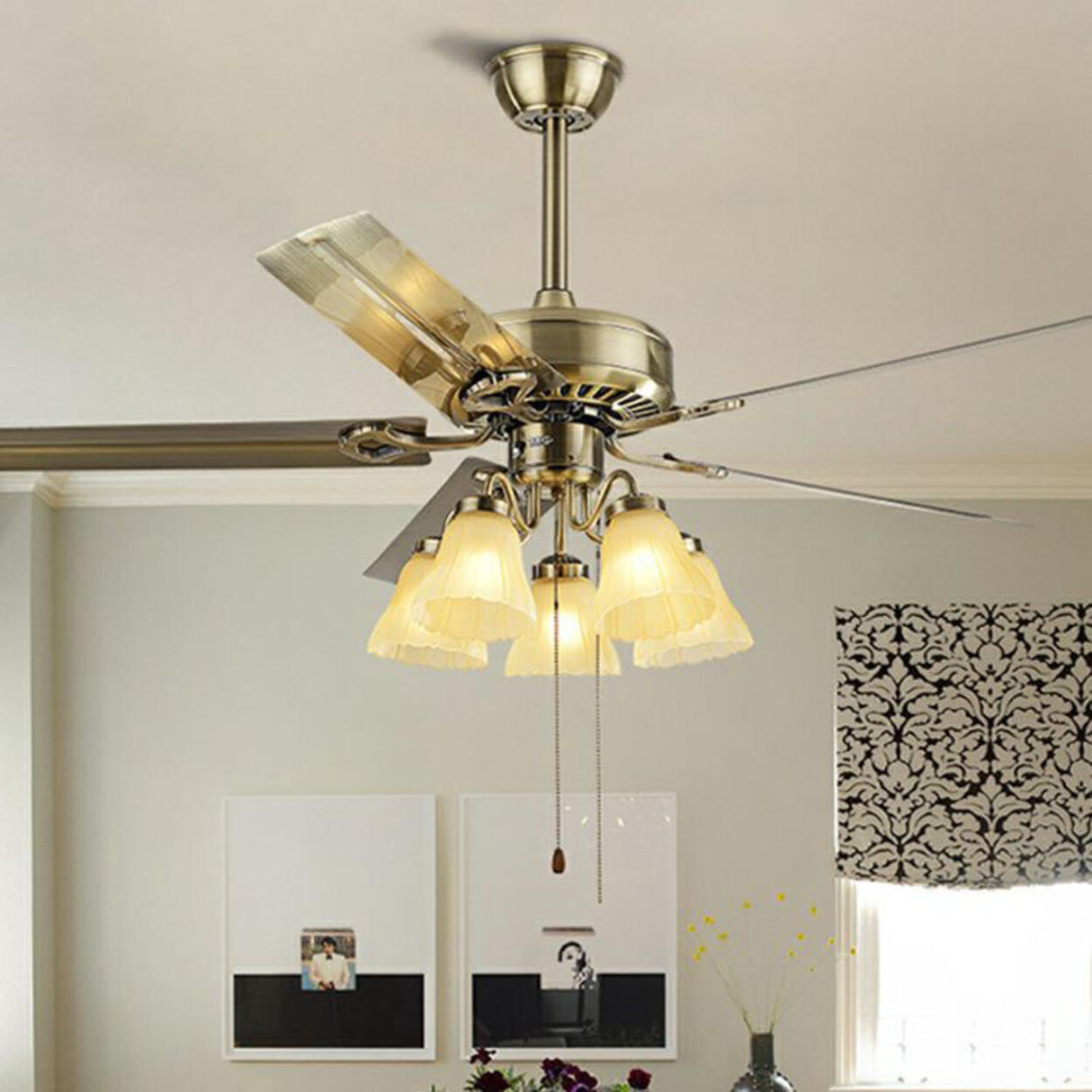 Traditional Brass Finish Floral Shade Ceiling Fan Light Image - 1