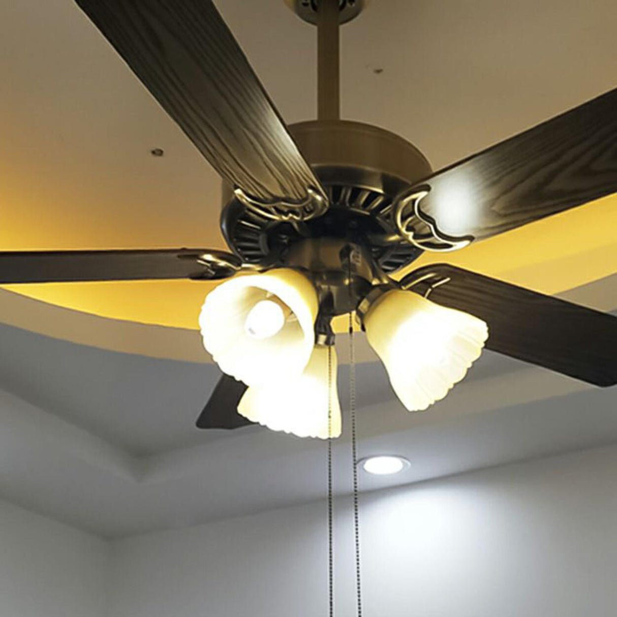 Traditional Brass Finish Floral Shade Ceiling Fan Light Image - 12