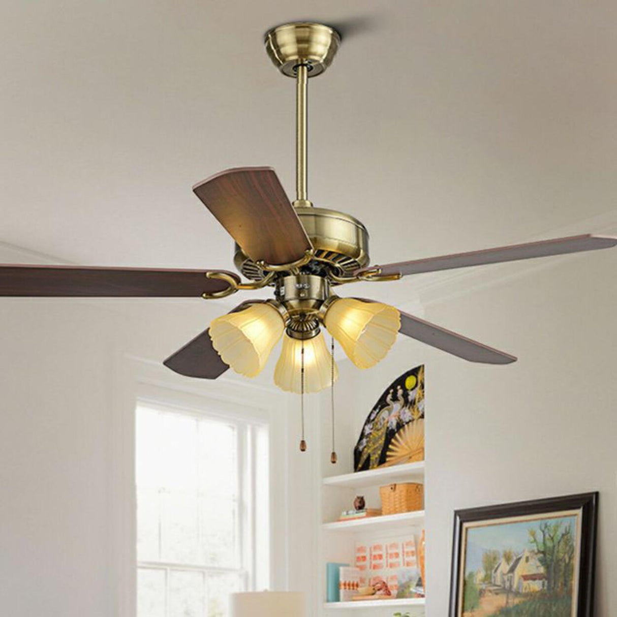 Traditional Brass Finish Floral Shade Ceiling Fan Light Image - 4