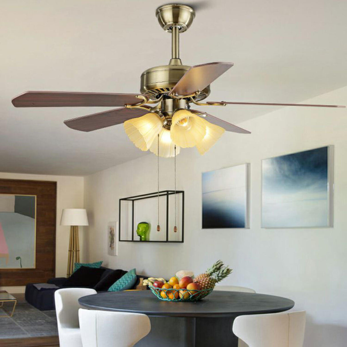 Traditional Brass Finish Floral Shade Ceiling Fan Light Image - 6