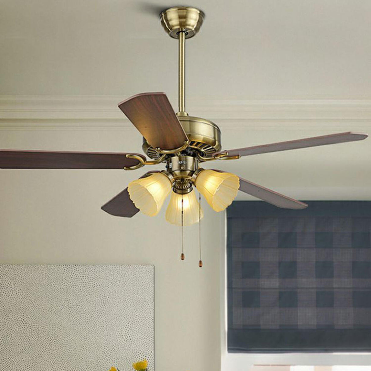 Traditional Brass Finish Floral Shade Ceiling Fan Light Image - 8