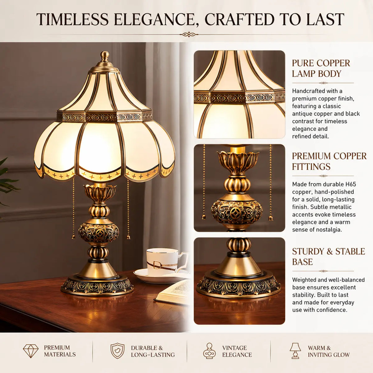 Traditional Brass Scalloped Glass Pull Chain Table Lamp Image - 3