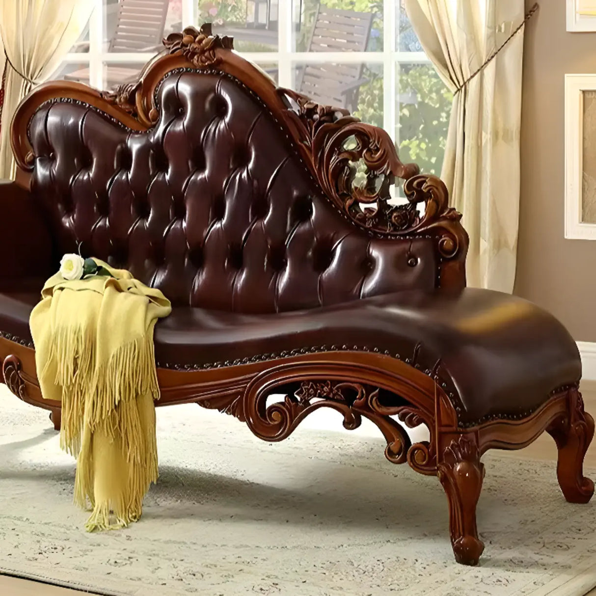 Traditional Brown Leather Solid Color Left-Arm Chaise Image - 1