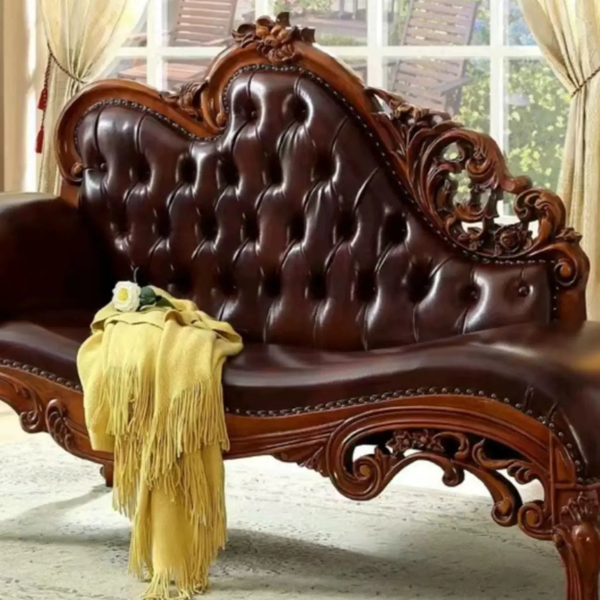 Traditional Brown Leather Solid Color Left-Arm Chaise Image - 7