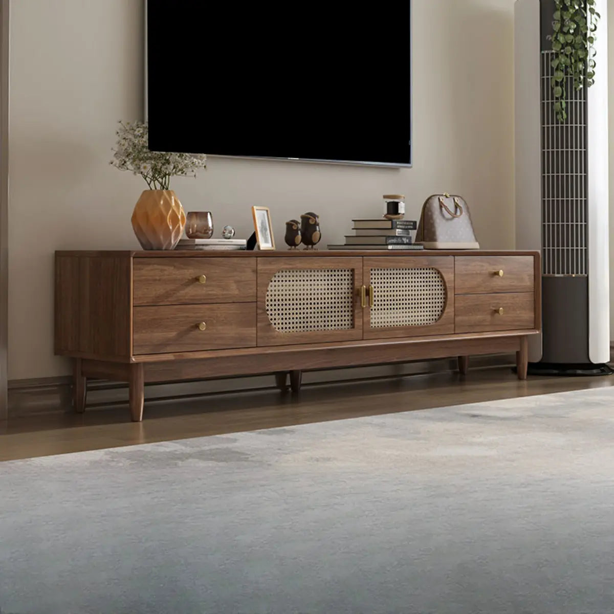 Traditional Brown Rubberwood Ventilated TV Stand Image - 5