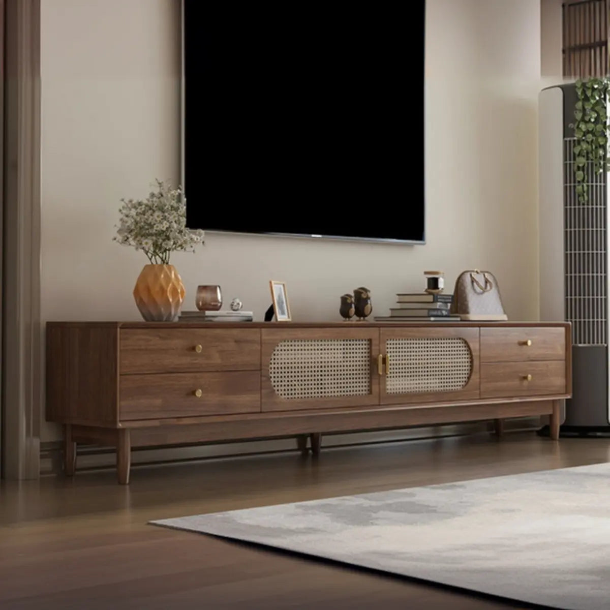 Traditional Brown Rubberwood Ventilated TV Stand Image - 7