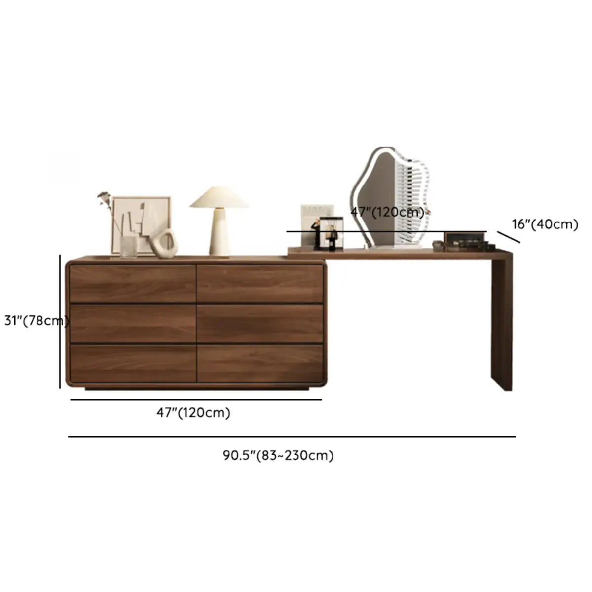Traditional Brown Wood Drawer Makeup Vanity Set with Mirror Image - 23