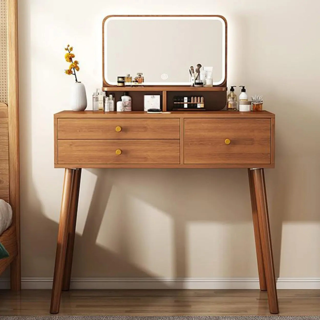 Traditional Brown Wood Drawer Makeup Vanity with Mirror Image - 2