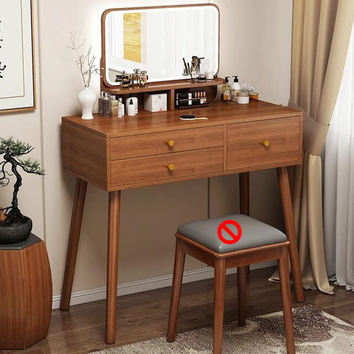 Traditional Brown Wood Drawer Makeup Vanity with Mirror Image - 4