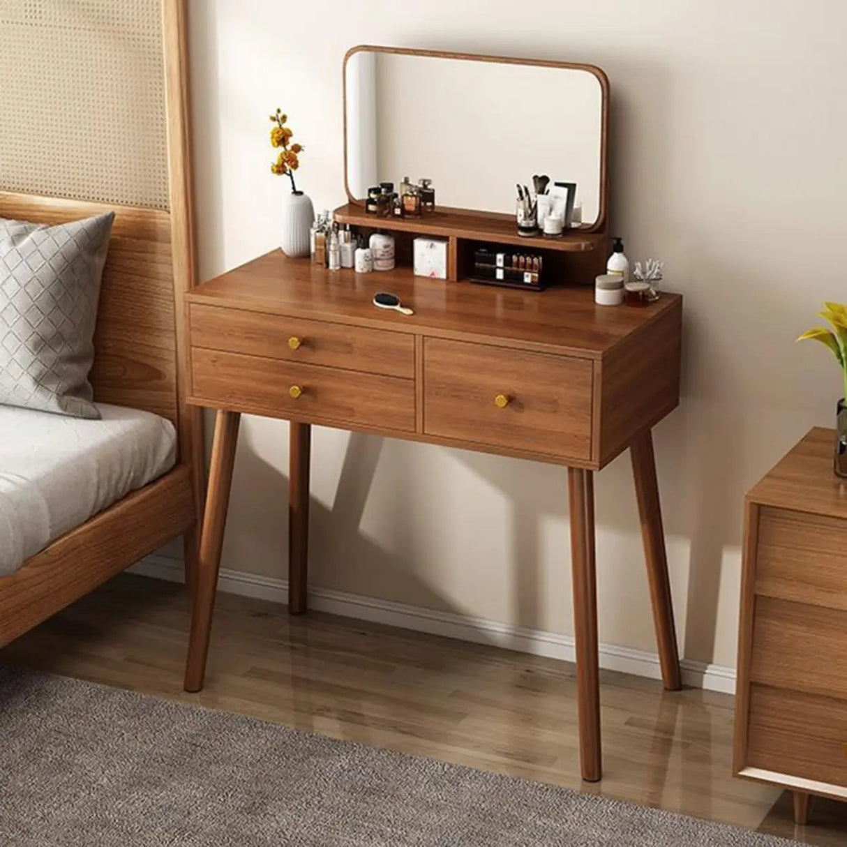 Traditional Brown Wood Drawer Makeup Vanity with Mirror Image - 8