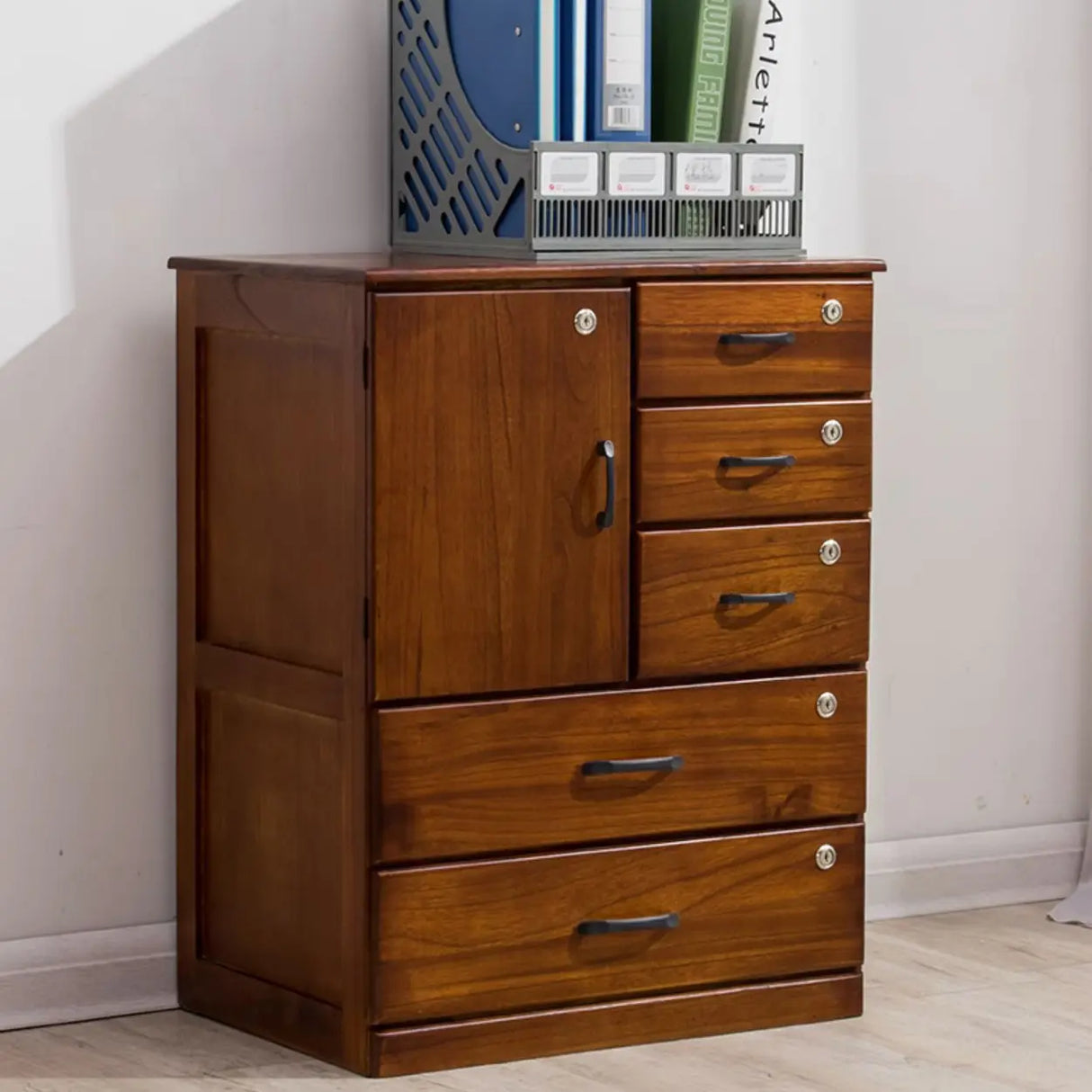 Traditional Brown Wood Locking Chest with Drawers Image - 19