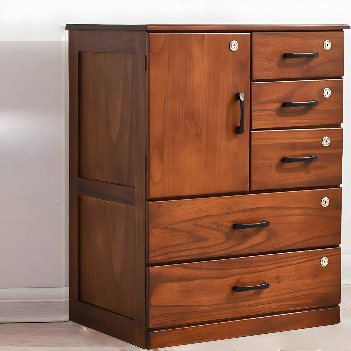 Traditional Brown Wood Locking Chest with Drawers Image - 6