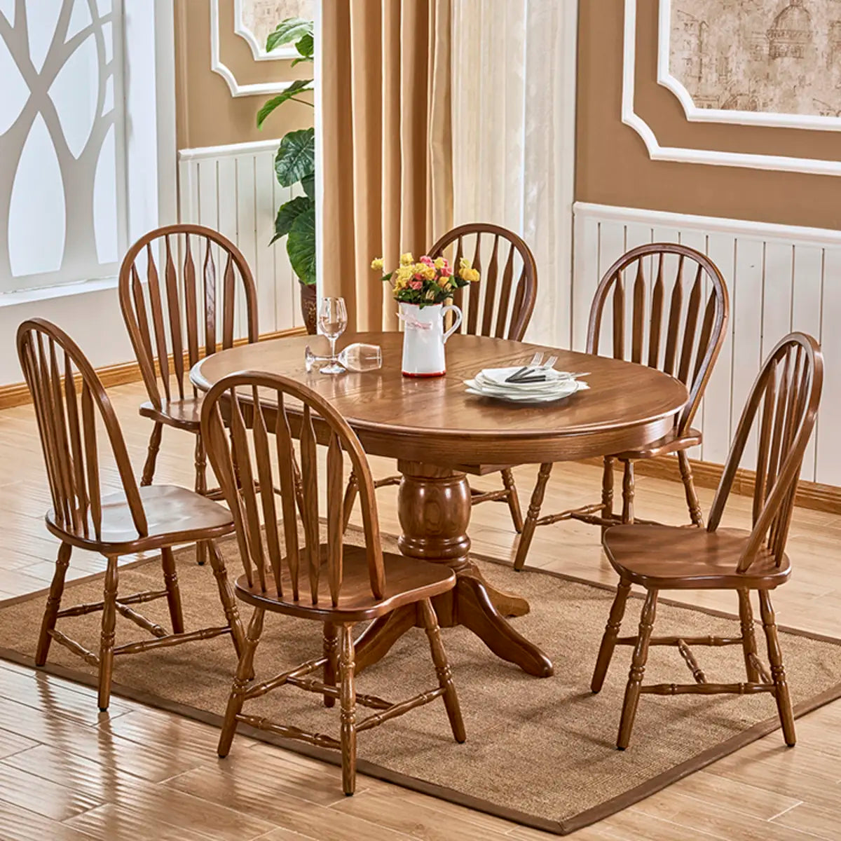 Traditional Circular Wood Dining Room Table Brown Extendable Image - 1