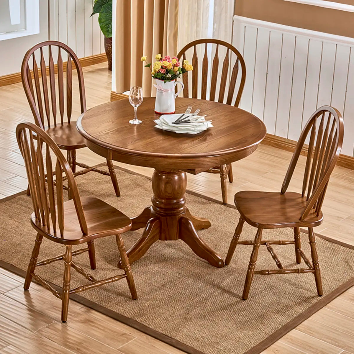 Traditional Circular Wood Dining Room Table Brown Extendable Image - 4