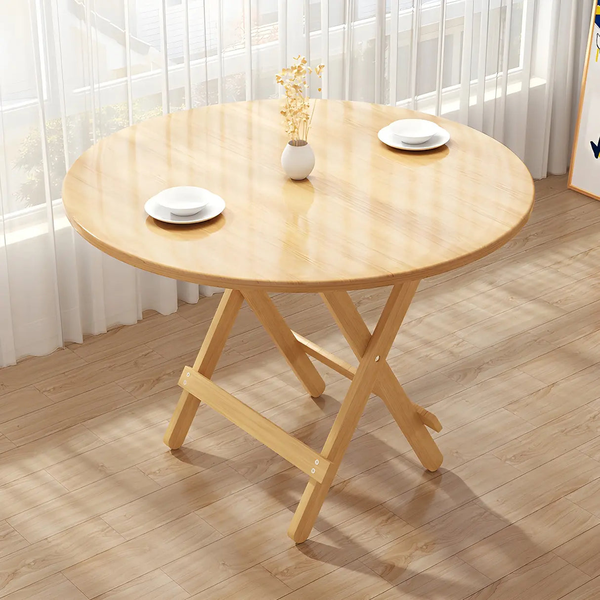 Traditional Folding Round Natural Wood Dining Table Image - 1