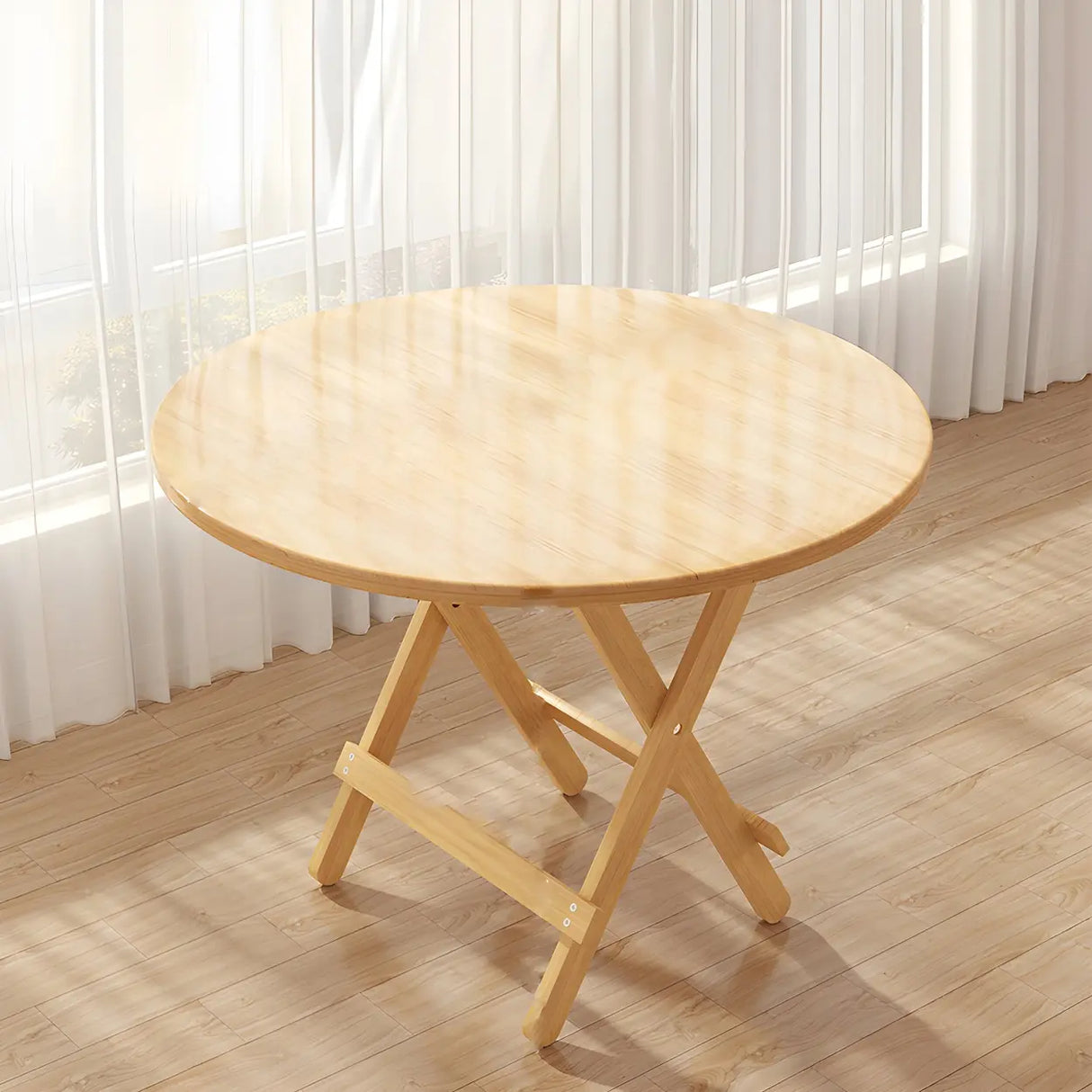 Traditional Folding Round Natural Wood Dining Table Image - 2