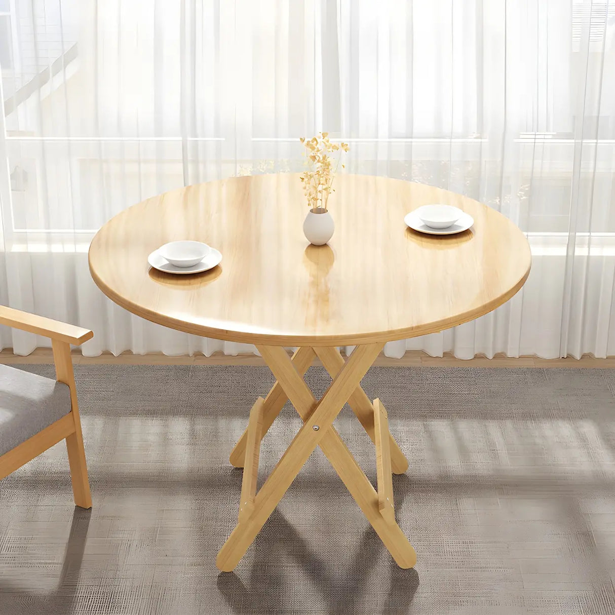 Traditional Folding Round Natural Wood Dining Table Image - 6