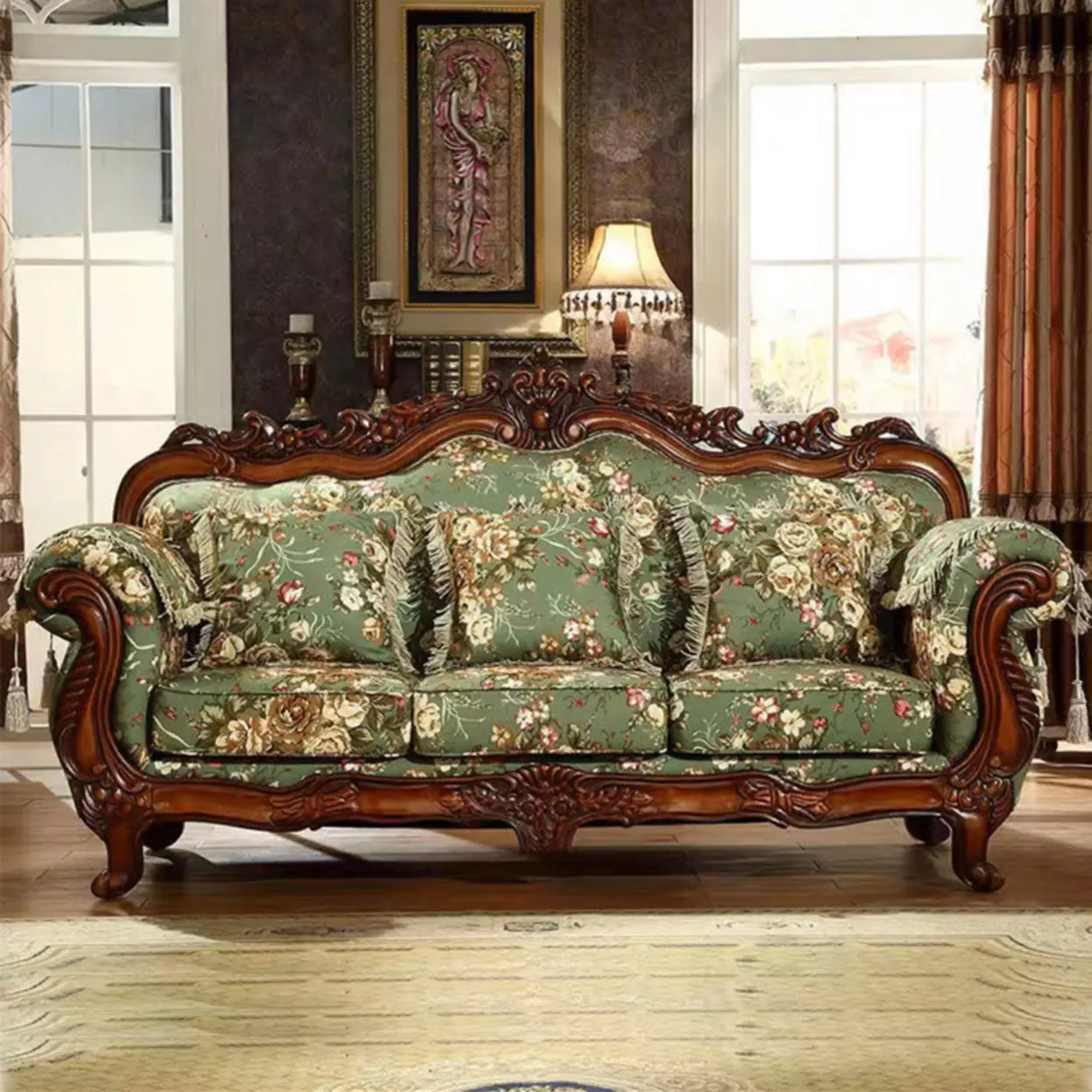 Traditional Green Cotton Linen Print Rolled Arm Sofa Image - 1