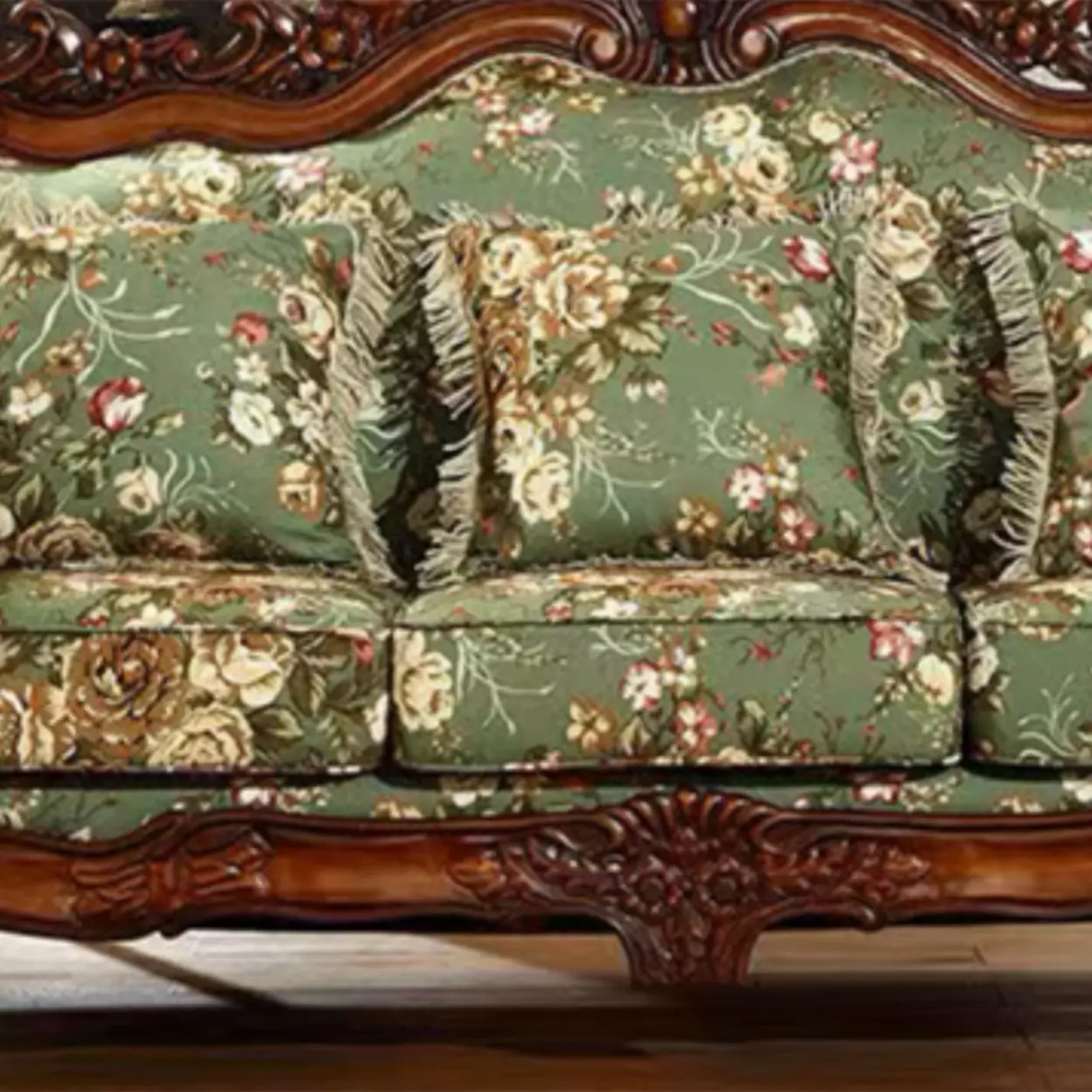 Traditional Green Cotton Linen Print Rolled Arm Sofa Image - 10