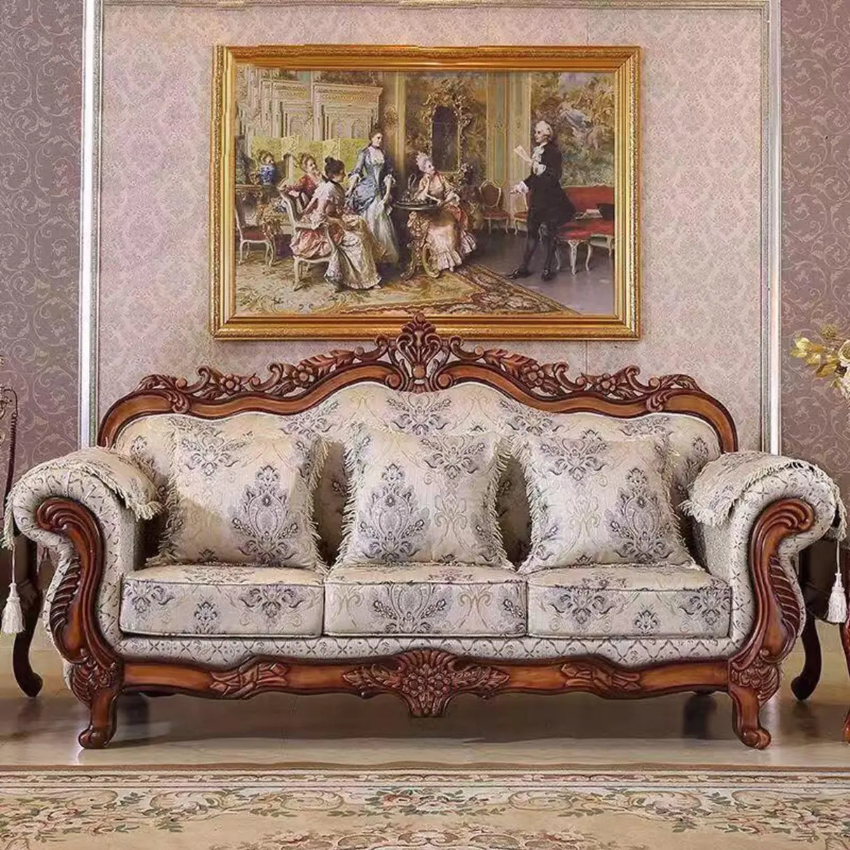 Traditional Green Cotton Linen Print Rolled Arm Sofa Image - 3