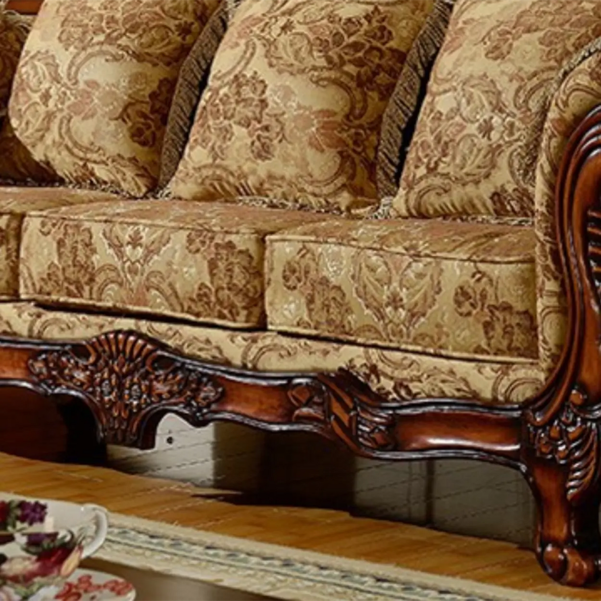 Traditional Green Cotton Linen Print Rolled Arm Sofa Image - 8