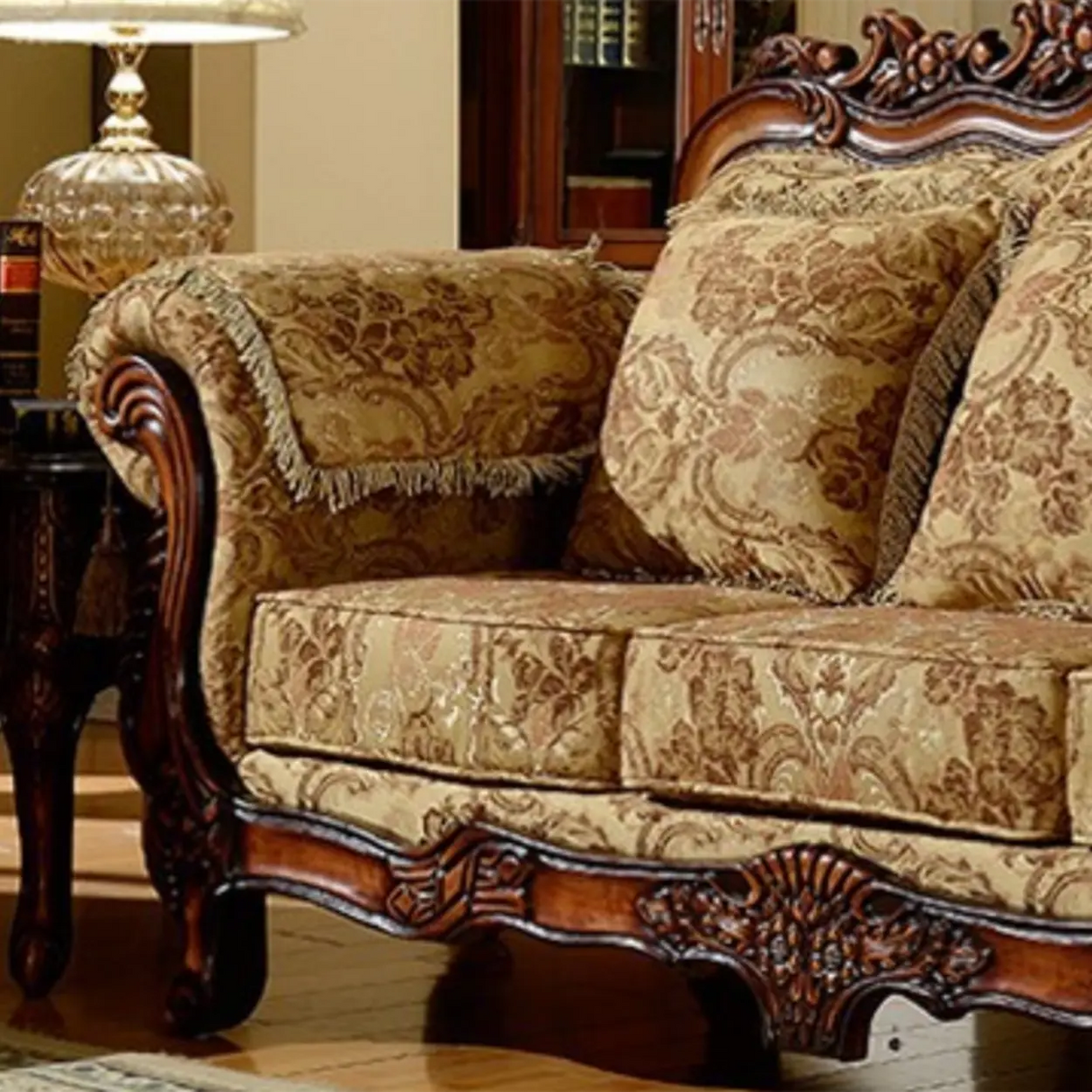 Traditional Green Cotton Linen Print Rolled Arm Sofa Image - 9