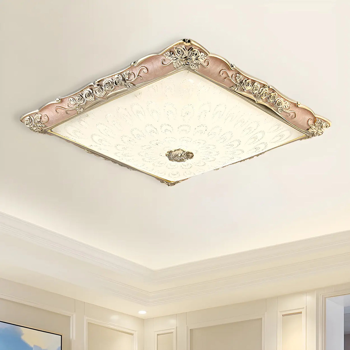 Traditional Green Square LED Flush Mount Ceiling Light Image - 1