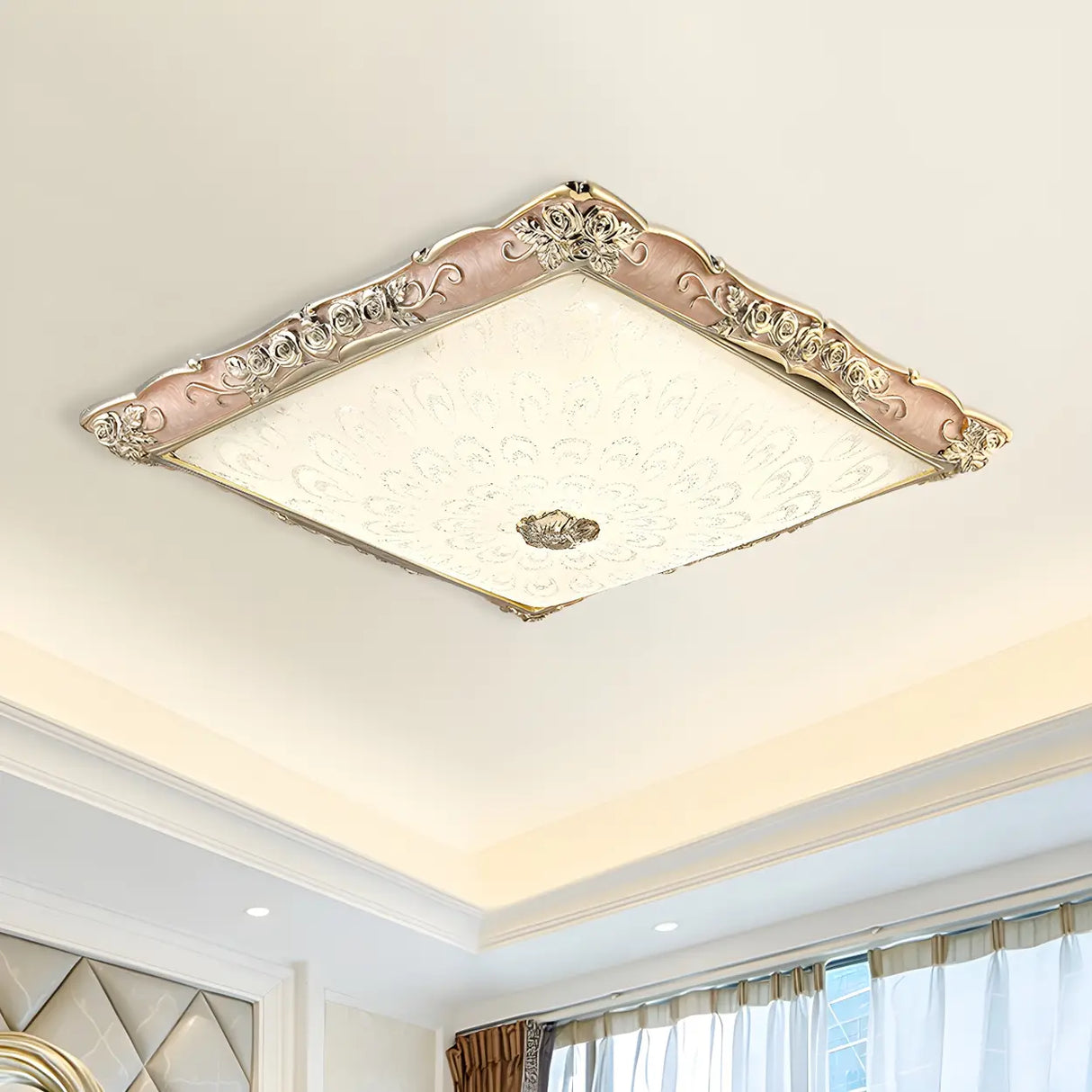 Traditional Green Square LED Flush Mount Ceiling Light Image - 3