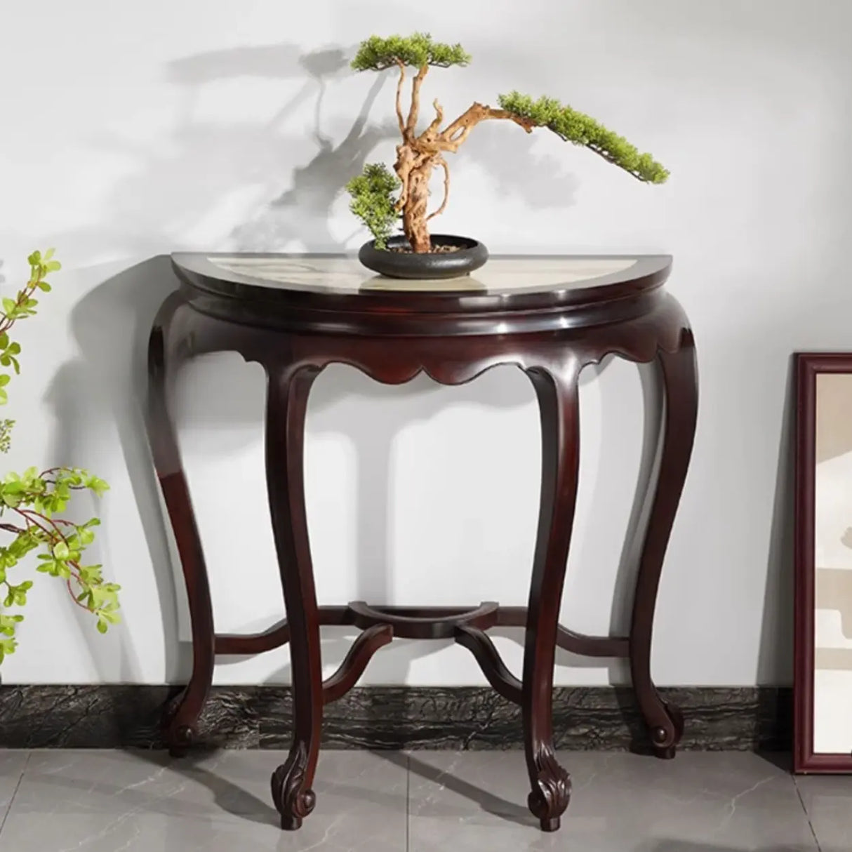 Traditional Half-circle Marble Wood Foyer Console Table Image - 3