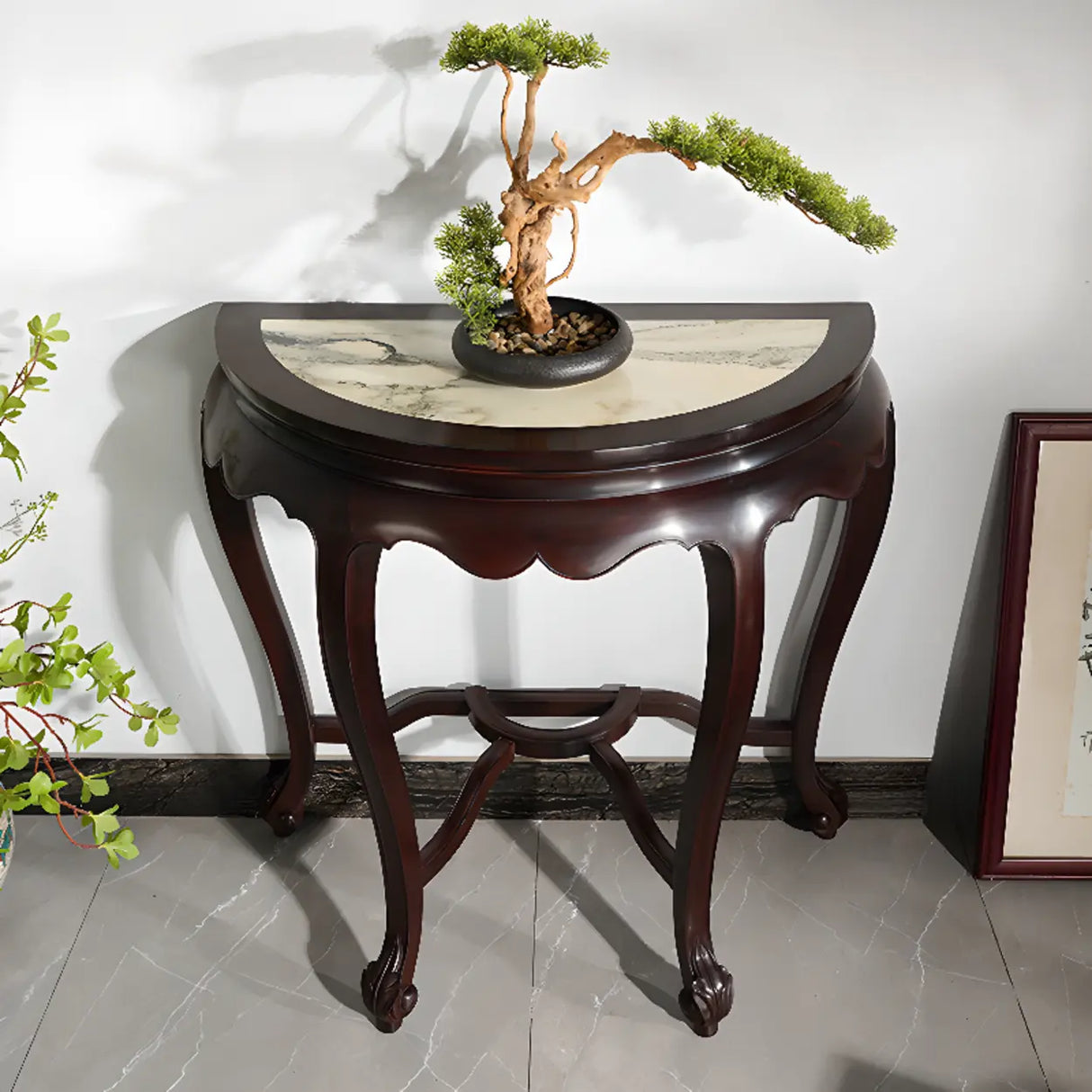 Traditional Half-circle Marble Wood Foyer Console Table Image - 5