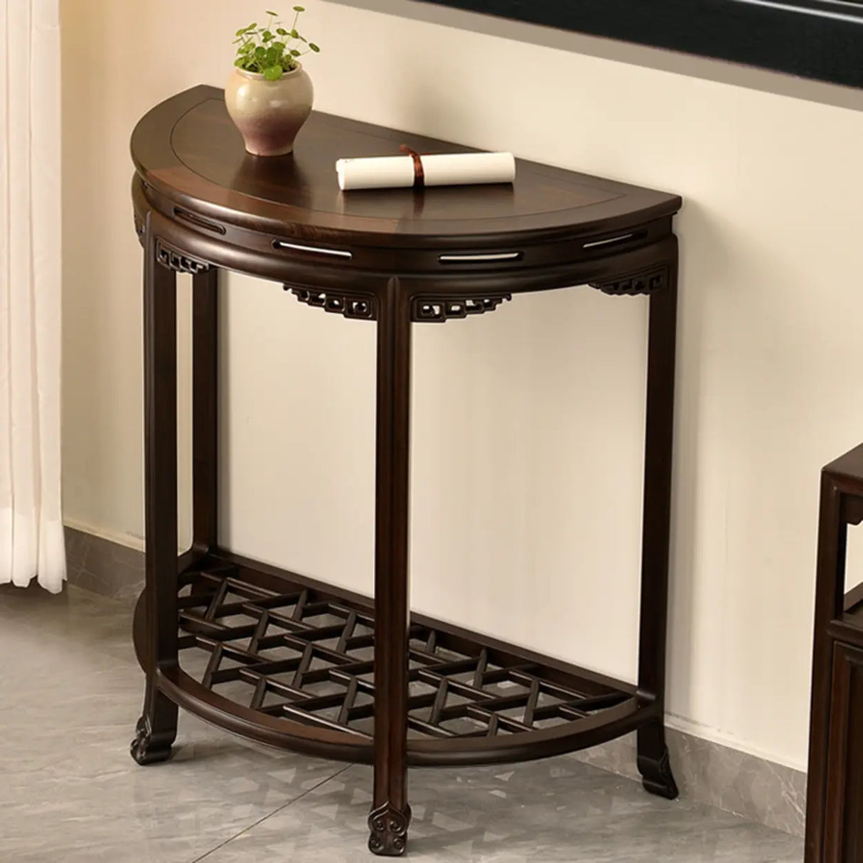 Traditional Half-Circle Wood Espresso Entryway Table Image - 1