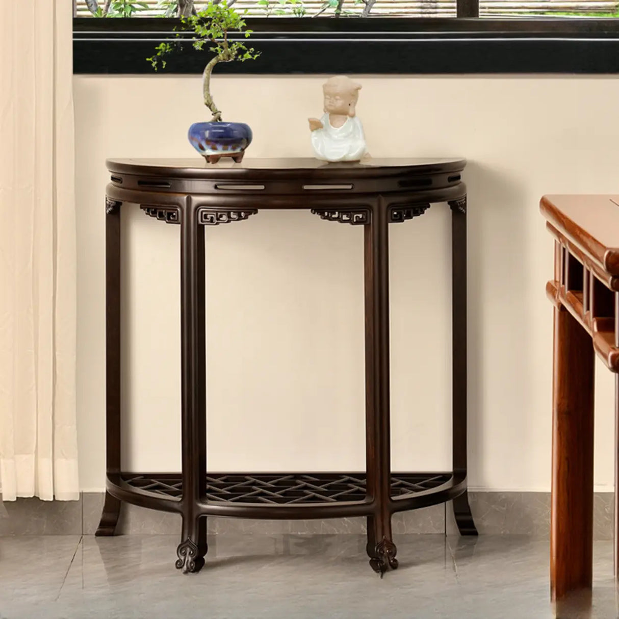 Traditional Half-Circle Wood Espresso Entryway Table Image - 2