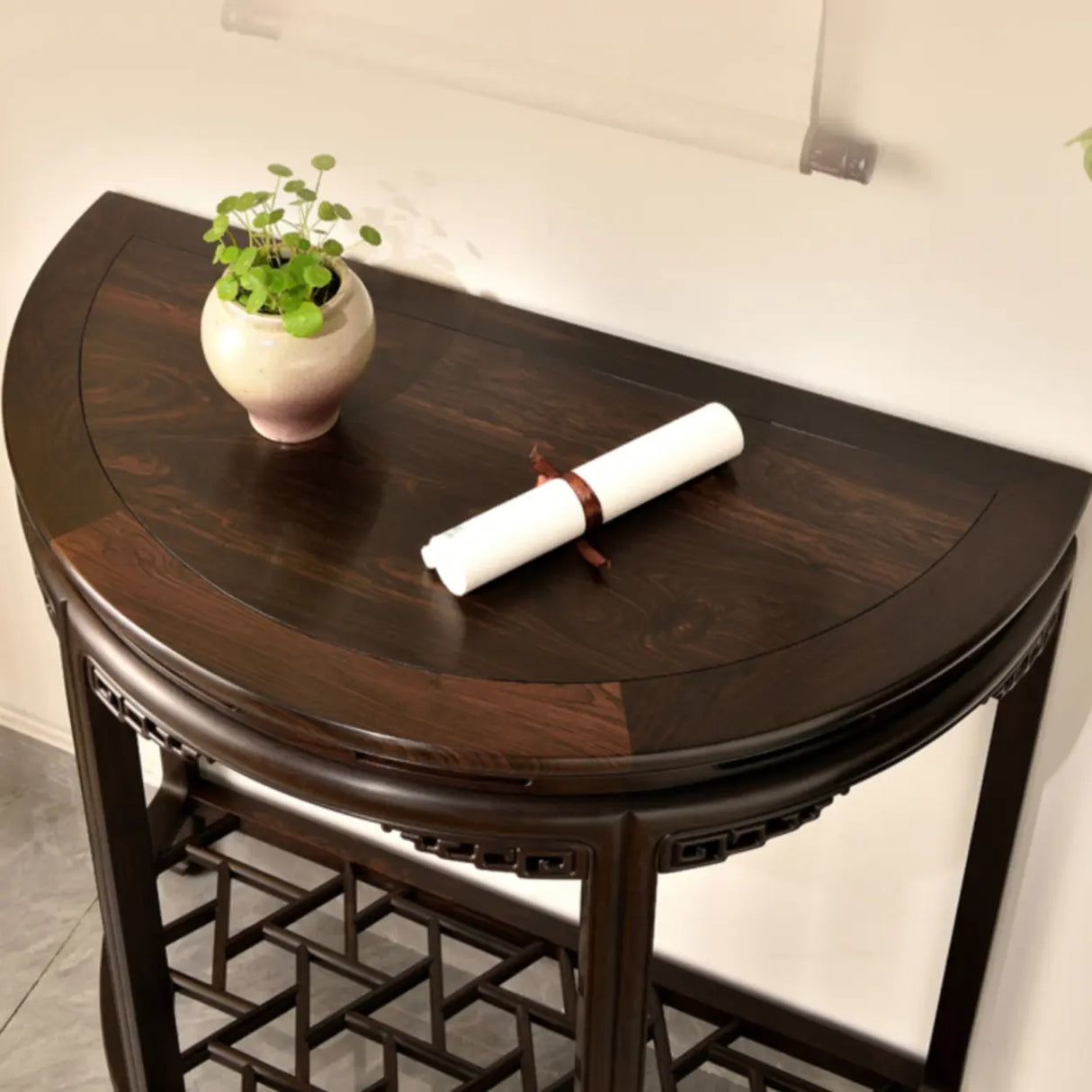 Traditional Half-Circle Wood Espresso Entryway Table Image - 5
