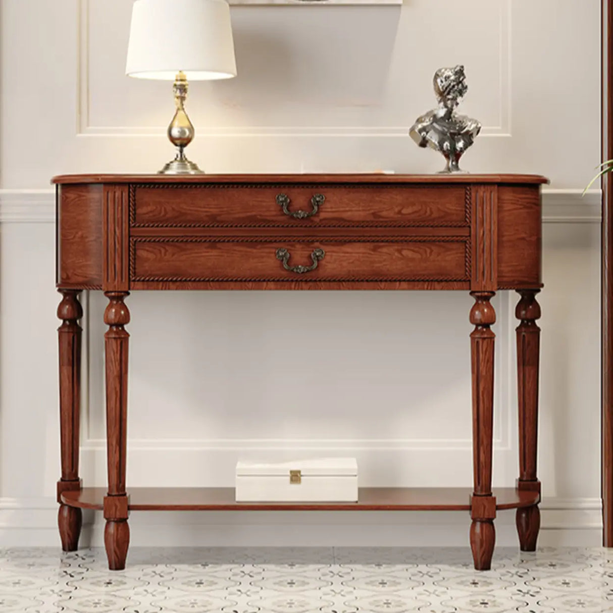 Traditional Half-Moon Rubberwood Storage Console Table Image - 1