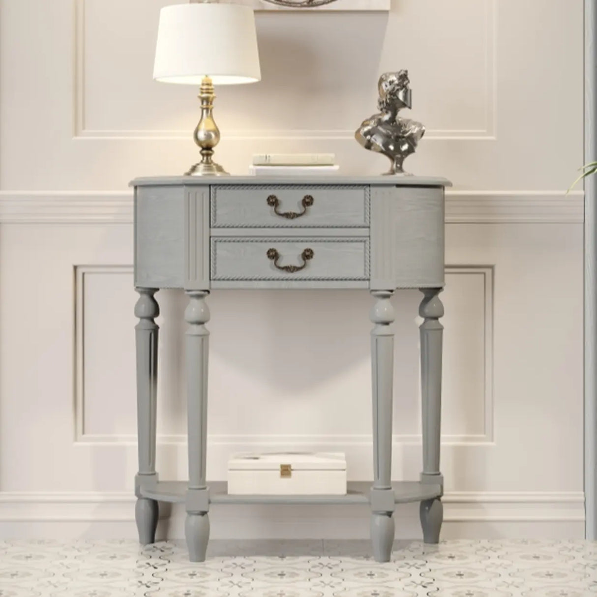 Traditional Half-Moon Rubberwood Storage Console Table Image - 2