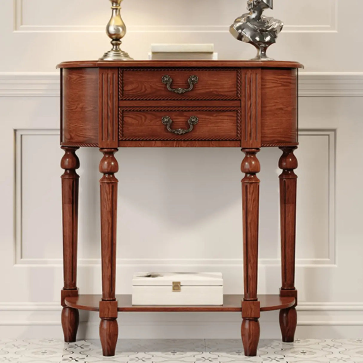 Traditional Half-Moon Rubberwood Storage Console Table Image - 5
